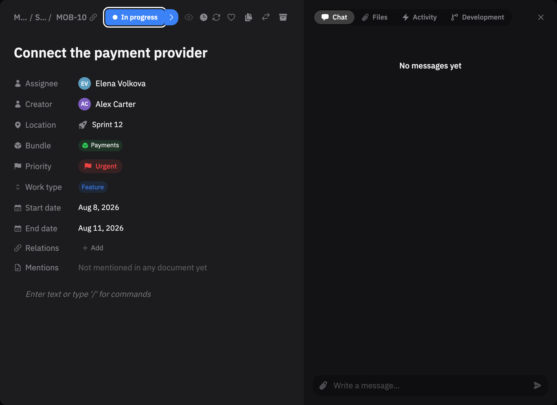 An open task: fields, description, chat, and history