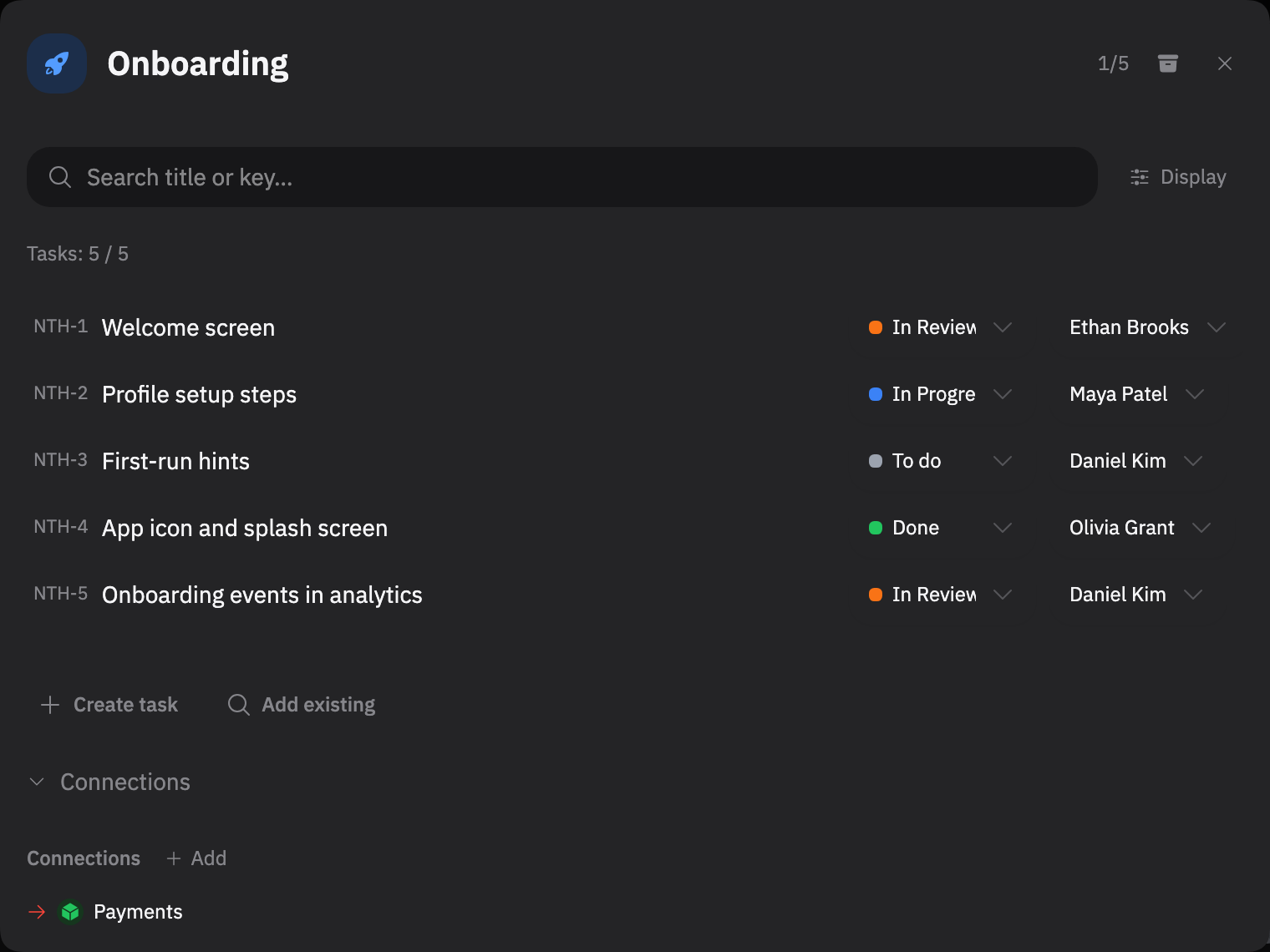 The Onboarding bundle window: five tasks with statuses, assignees and a blocking link