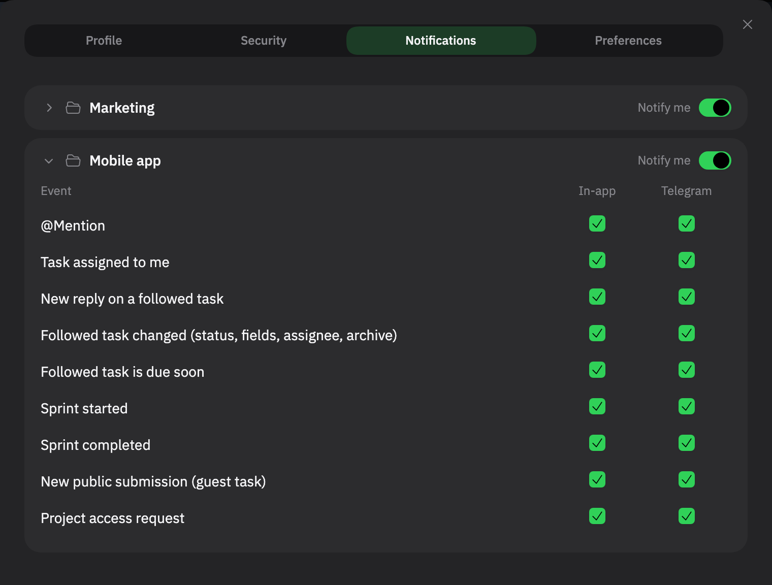 Project notification settings: events with In-app and Telegram columns