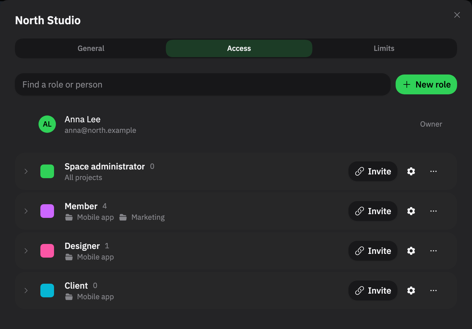 Space access: the owner and four roles, including Designer and Client