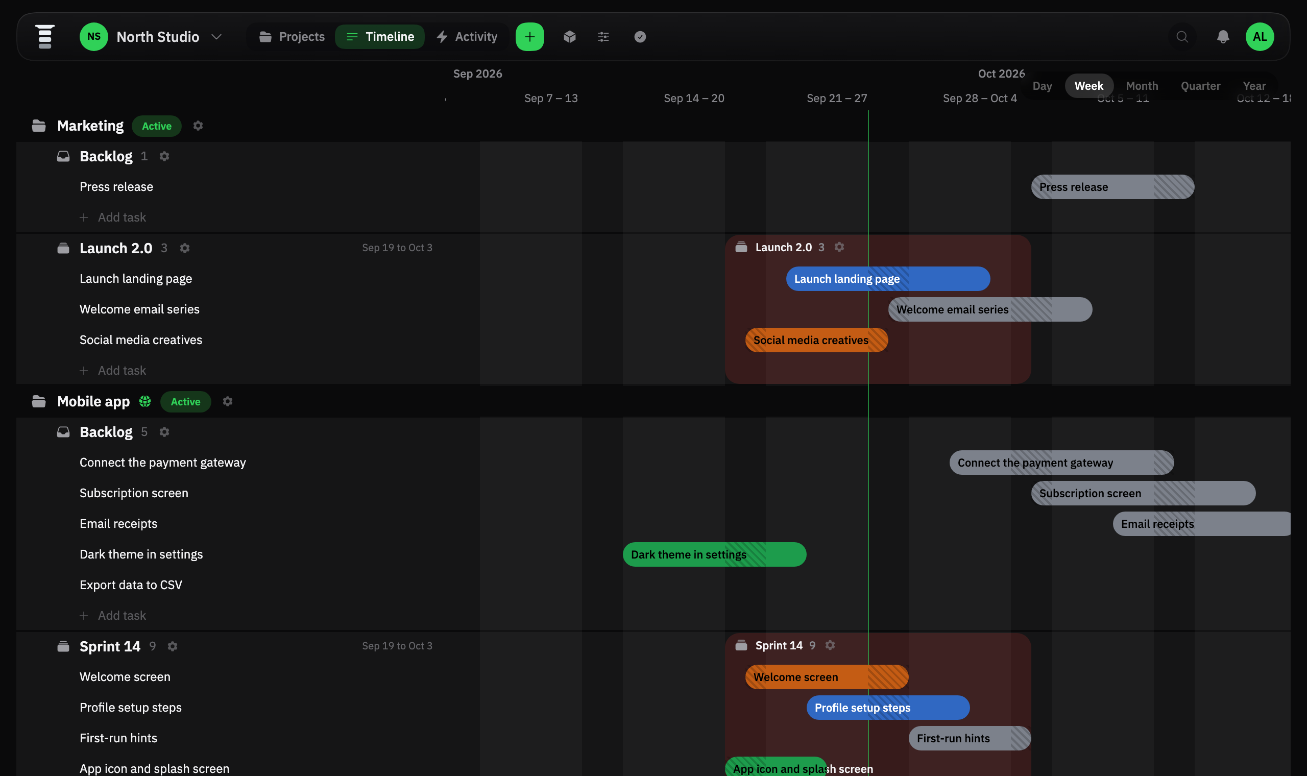 Space timeline: two projects with their locations and sprints on one scale