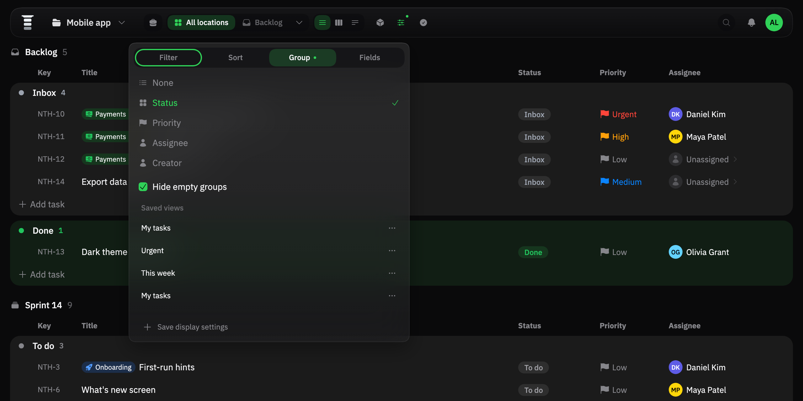 The Display menu over the task list: grouping by status and three saved views